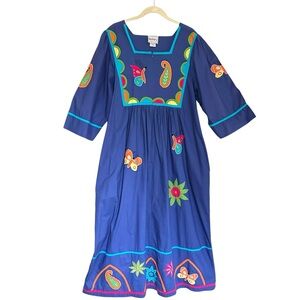 Vintage SAYBURY 90s Y2K 100% Cotton Embroidered Midi Dress Empire Waist Pockets